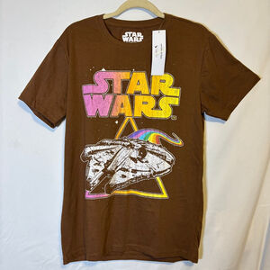 Star Wars Graphic T-Shirt Brown Rainbow Millennium Falcon Tee Size M NWT